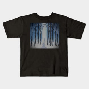 Winter Snow Path Snowy Trees Blue & White Art Painting done in graphic design art, Winter Landscape, Wall Art and Many Products Kids T-Shirt